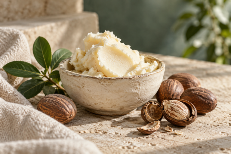 Shea butter in a ceramic bowl beside shea nuts and green leaves