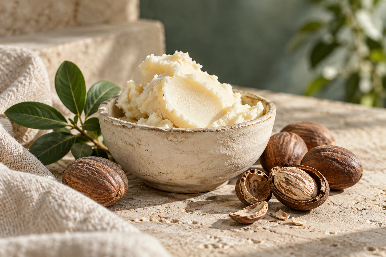 Shea butter in a ceramic bowl beside shea nuts and green leaves